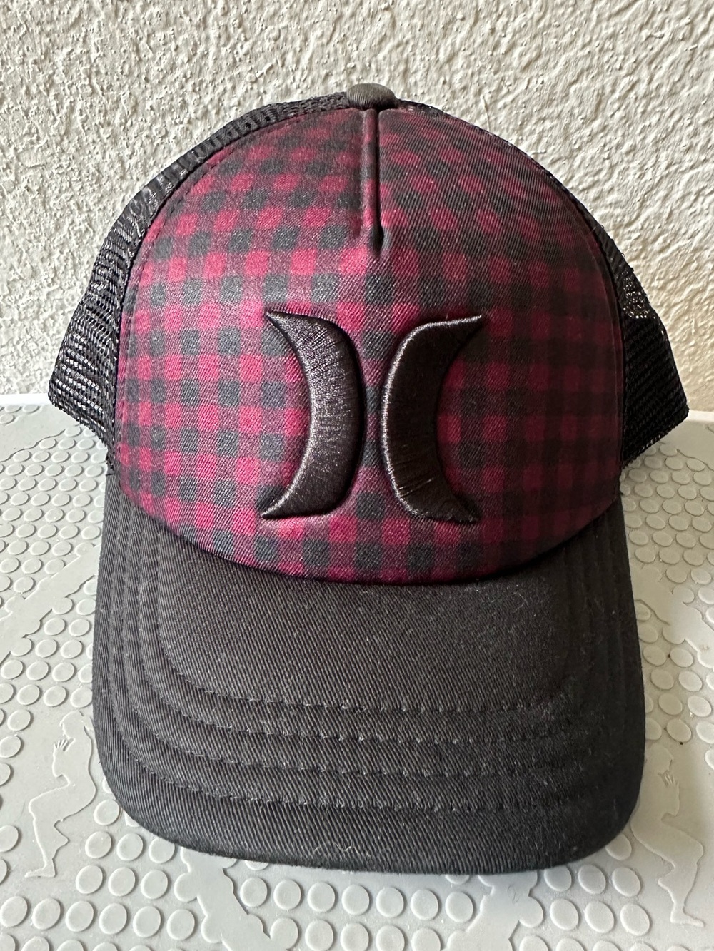 Hurley Black and Burgundy Plaid Mesh-Back Trucker Cap